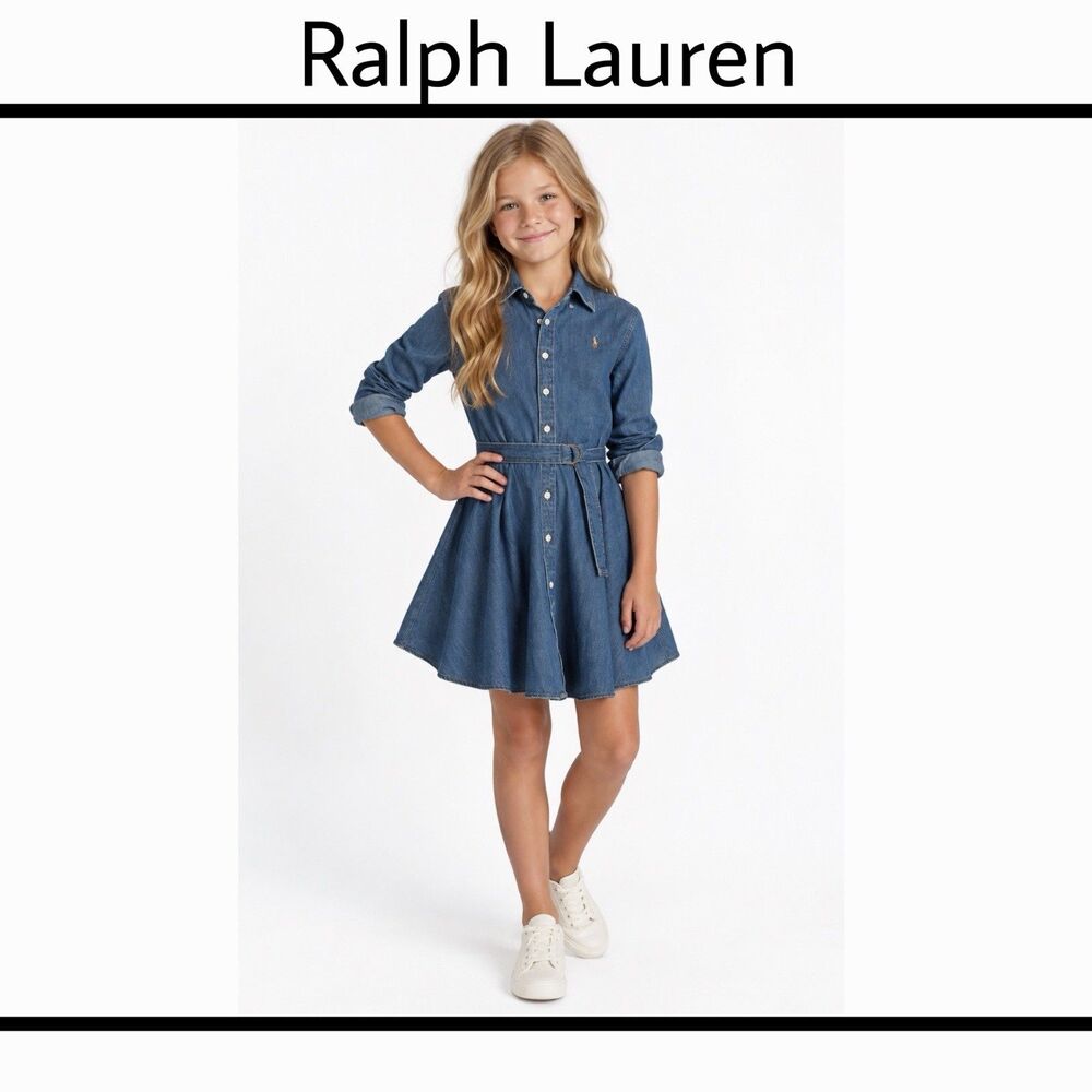 Ralph Lauren Cotton Denim Shirt Dress Girls Size 7 Preppy Blue Pony